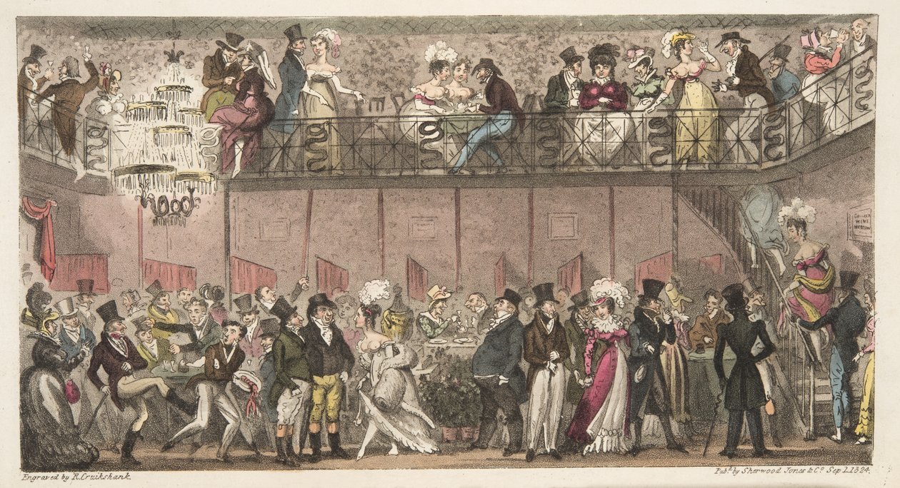 Der königliche Salon, Piccadilly, oder eine Stunde nach der Oper, aus The English Spy, veröffentlicht 1824 von Isaac Robert Cruikshank