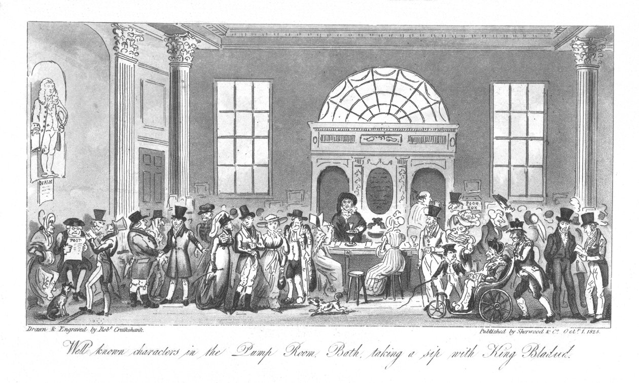 Bekannte Charaktere im Pump Room, Bath, trinken einen Schluck mit König Bladud, 1825 von Isaac Robert Cruikshank