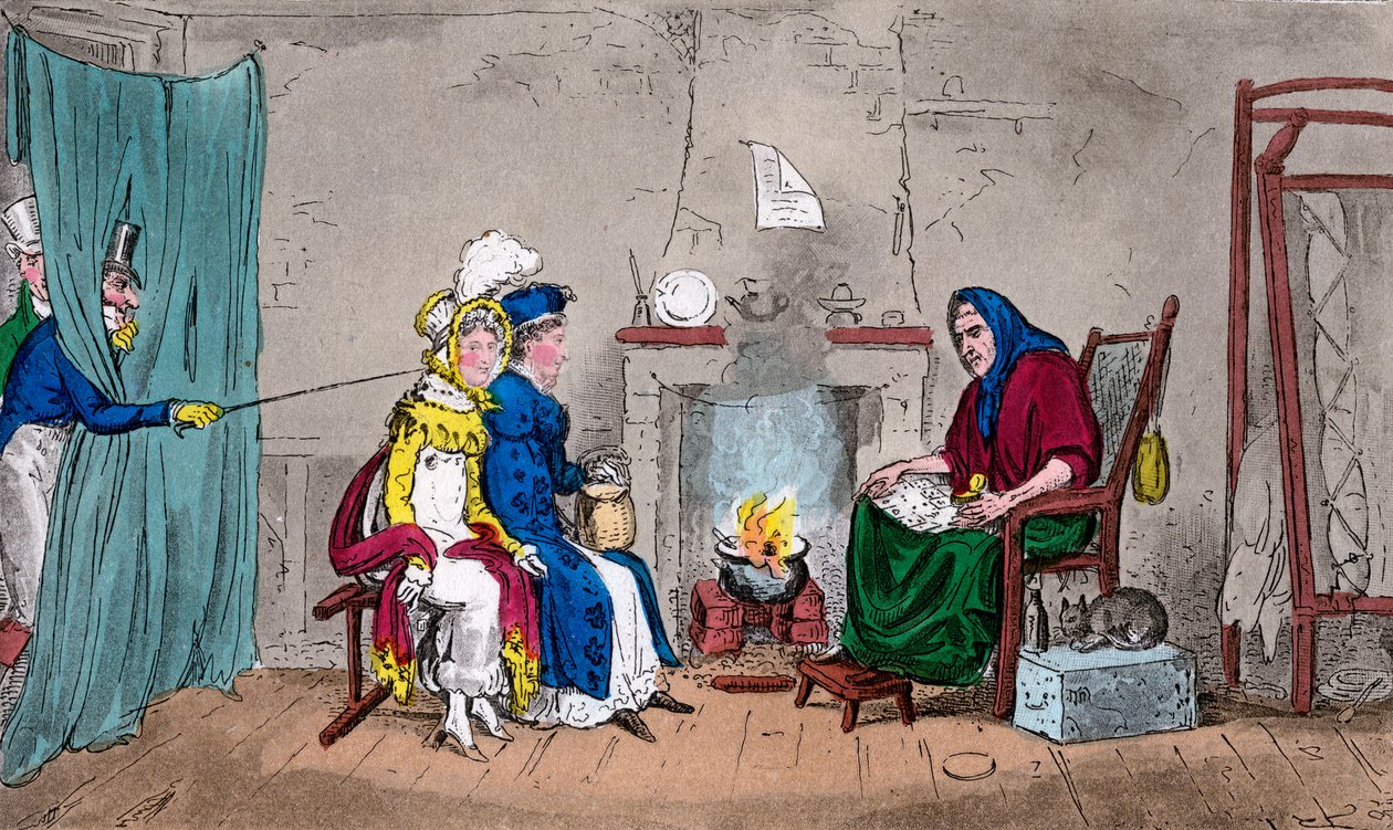Tom und Jerry fangen Kate und Sue im Flug, während sie ihre Zukunft vorhersagen lassen, 19. Jahrhundert von Isaac, Robert and George Cruikshank