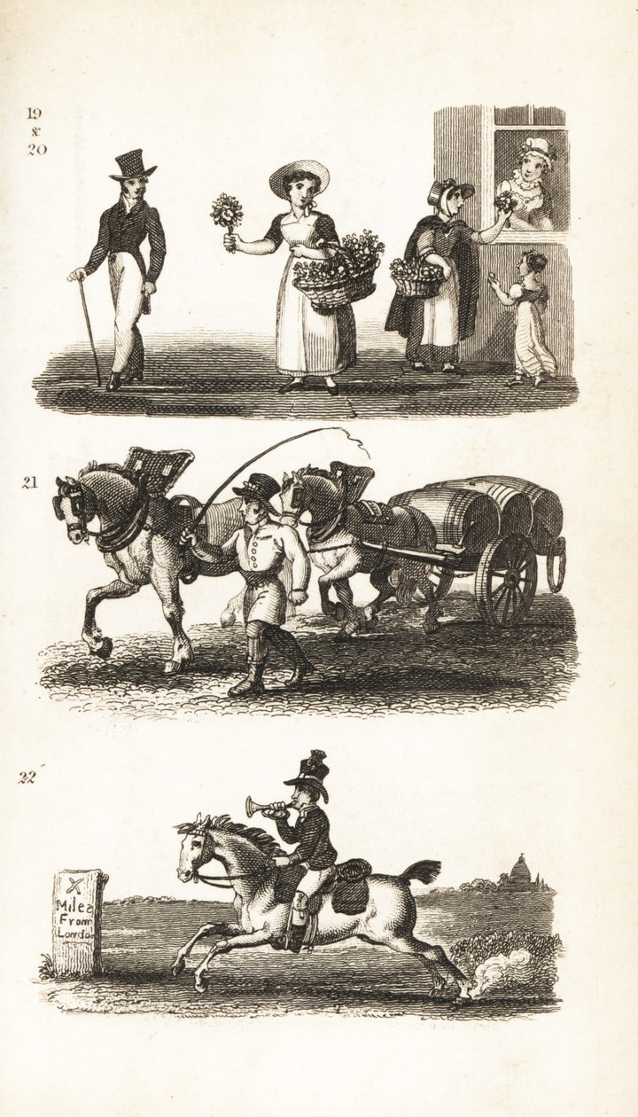 Sträuße, Brunnenkresse-Mädchen, Brauereiwagen und Zweipfennig-Postjunge von Isaac Taylor