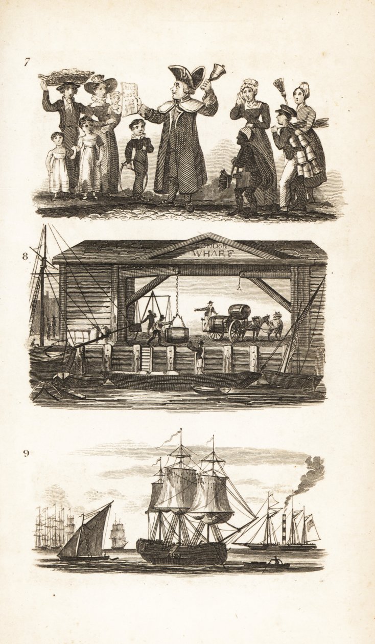 Der Glockenmann, ein Londoner Kai und Kohleschiff und Kohlebarke von Isaac Taylor