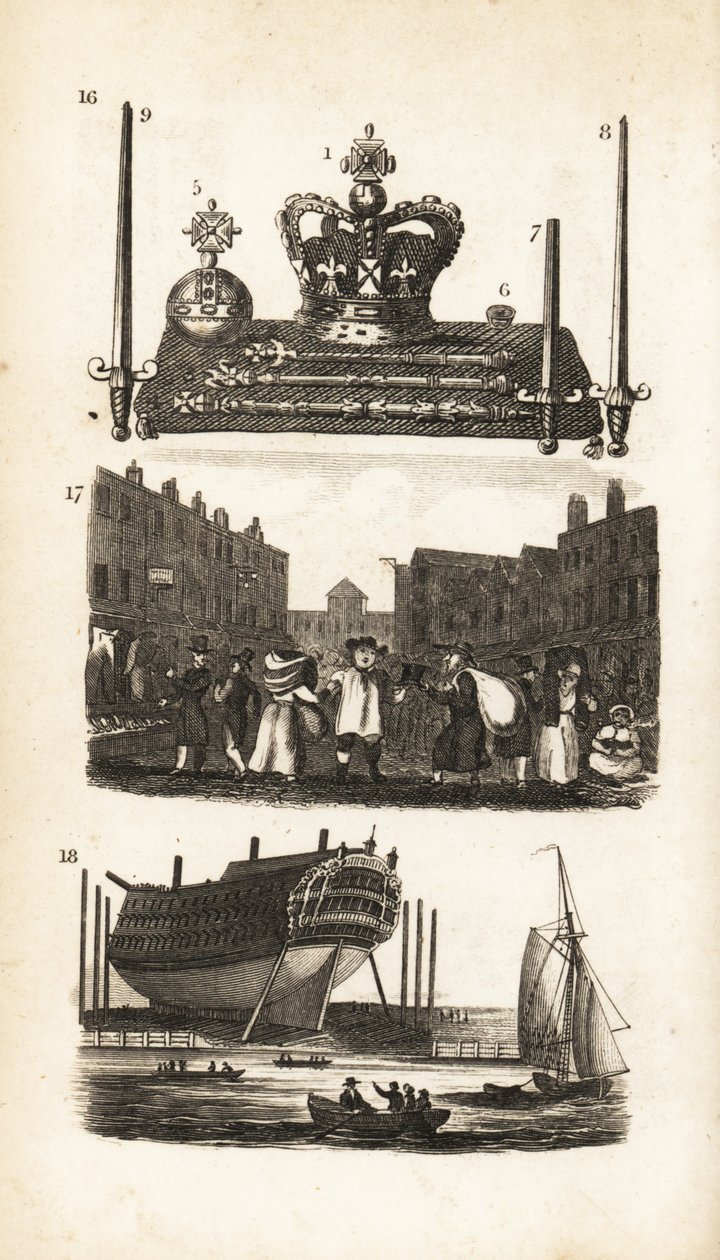 Das Juwelenbüro im Tower of London, Rag Fair und alte Kleidung und Schiffbau von Isaac Taylor