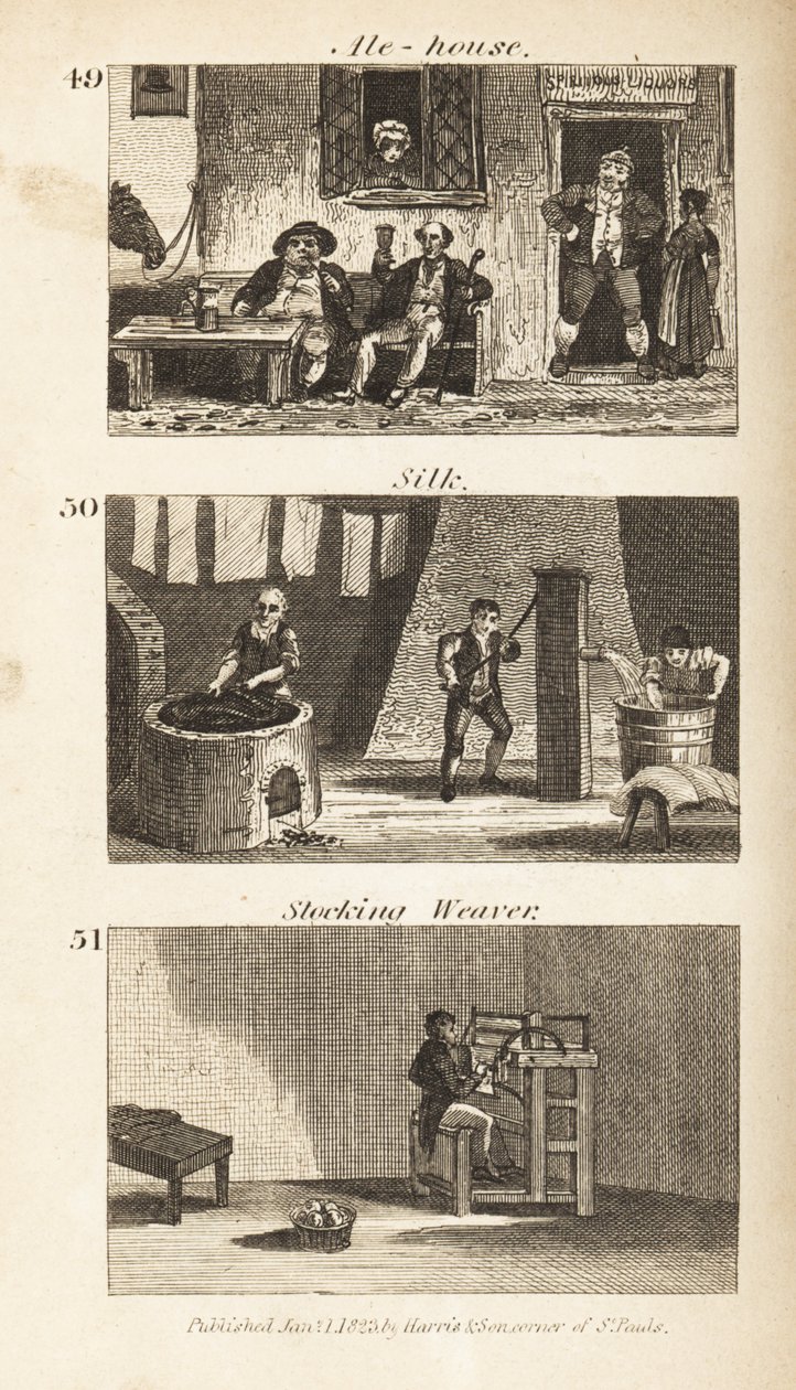 Handelsleute im Regency-England: Gasthaus, Seidenmühle und Strumpfweber von Isaac Taylor