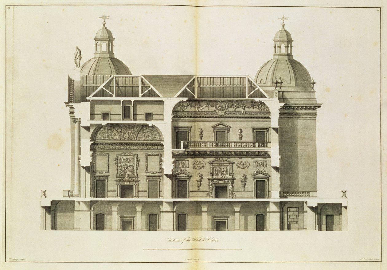 Houghton Hall: Querschnitt der Halle und des Salons, graviert von Pierre Fourdrinier, 1735 von Isaac Ware