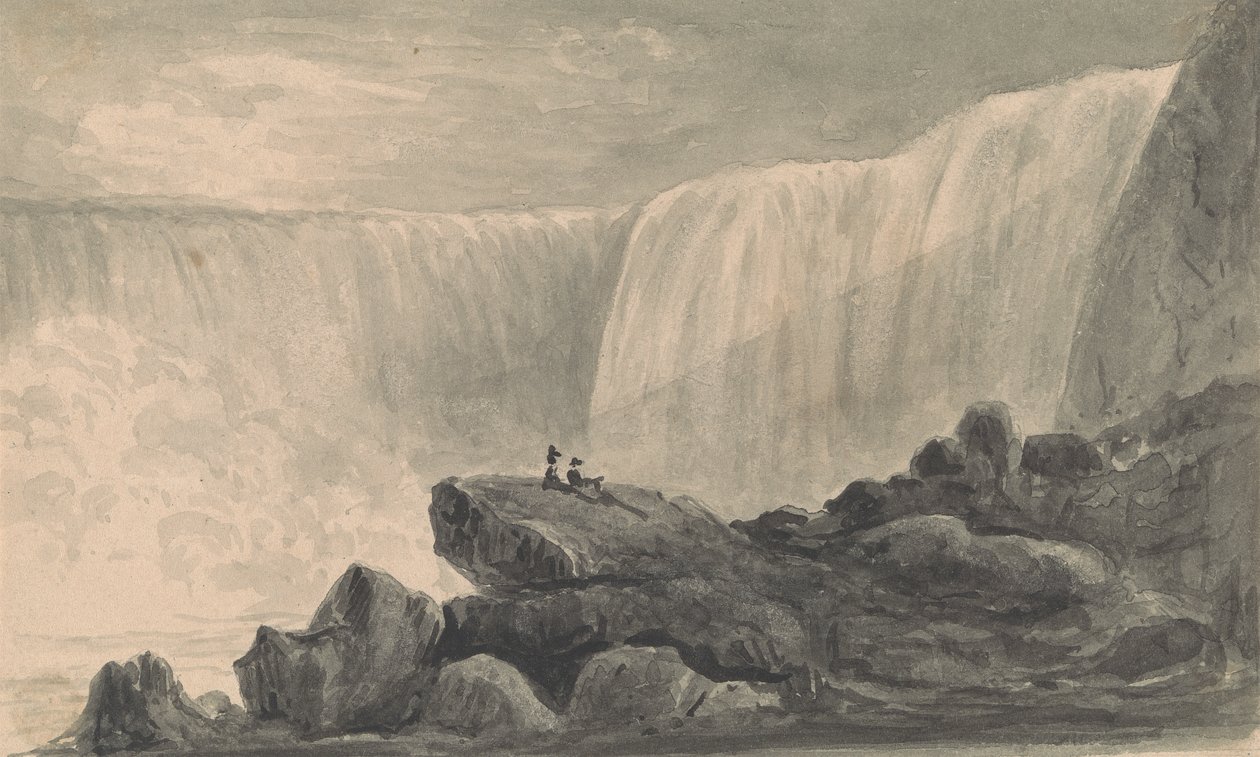 Ansicht der Niagarafälle mit zwei Figuren, die auf einem Felsen im Vordergrund sitzen von Isaac Weld