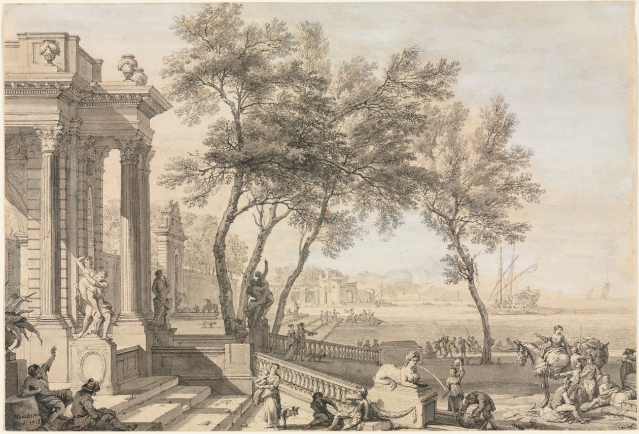 Fantastische Hafenszene mit Architektur und Figuren von Isaac de Moucheron