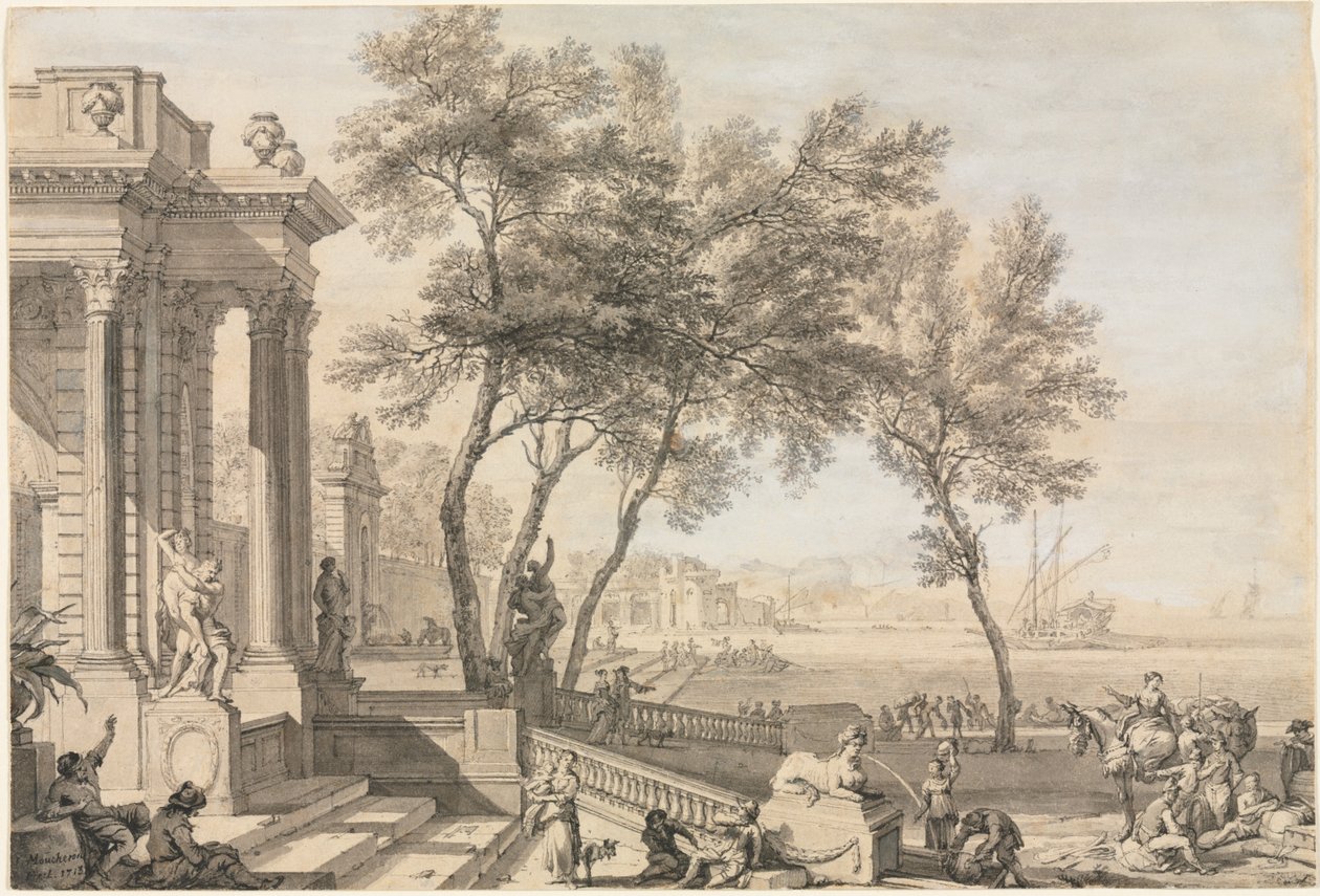 Fantastische Hafenszene mit Architektur und Figuren, 1713 von Isaac de Moucheron