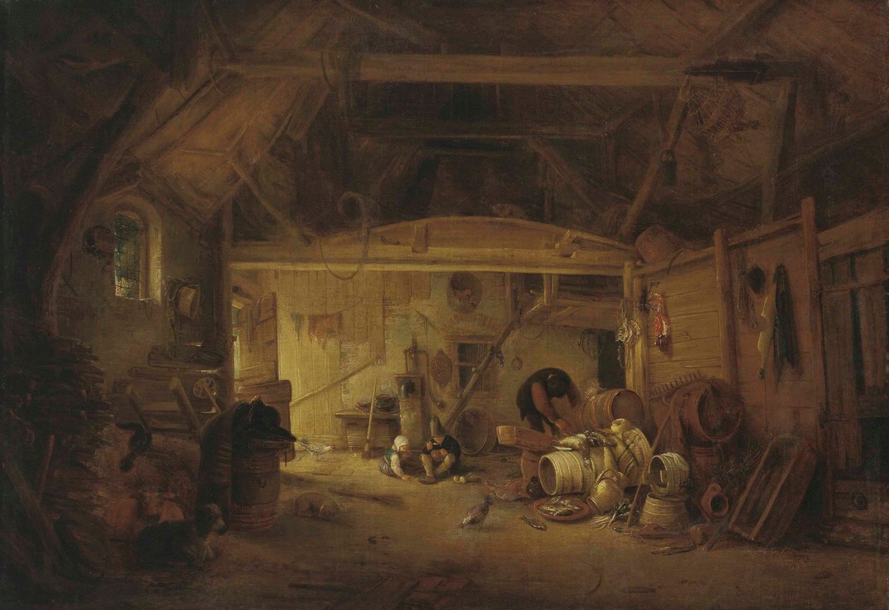 Scheuneninterieur mit zwei Kindern beim Essen und einem arbeitenden Mann von Isaac van Ostade