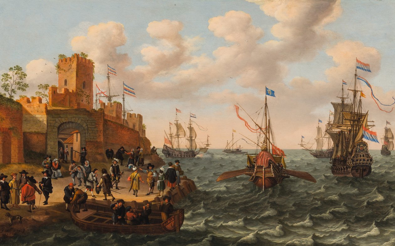 Ein niederländischer Dreimaster und eine päpstliche Galeere mit anderen Schiffen entlang der Küste einer befestigten Stadt, ca. 1662 von Isaak Willaerts