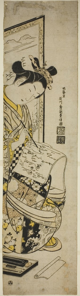 Frau schreibt einen Brief vor einem Paravent von Ishikawa Toyonobu