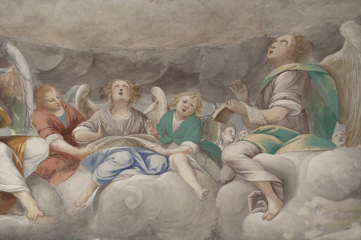 Engel, musizierende Engel und Putten, Detail des Paradieses mit ewigem Vater (Detail) von Isidoro Bianchi