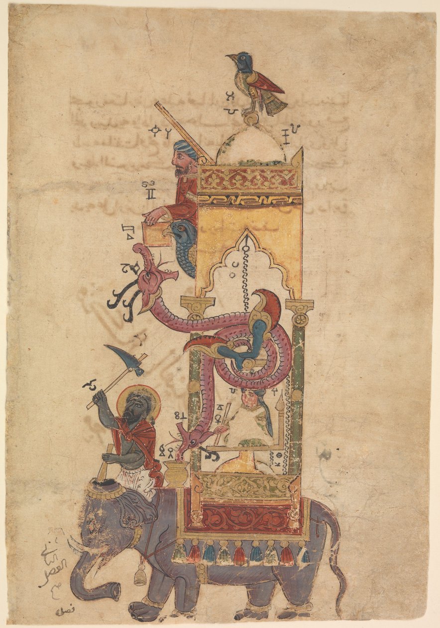 Die Elefantenuhr aus einem Buch des Wissens über geniale mechanische Geräte von al-Jazari, 1315 von Islamic School