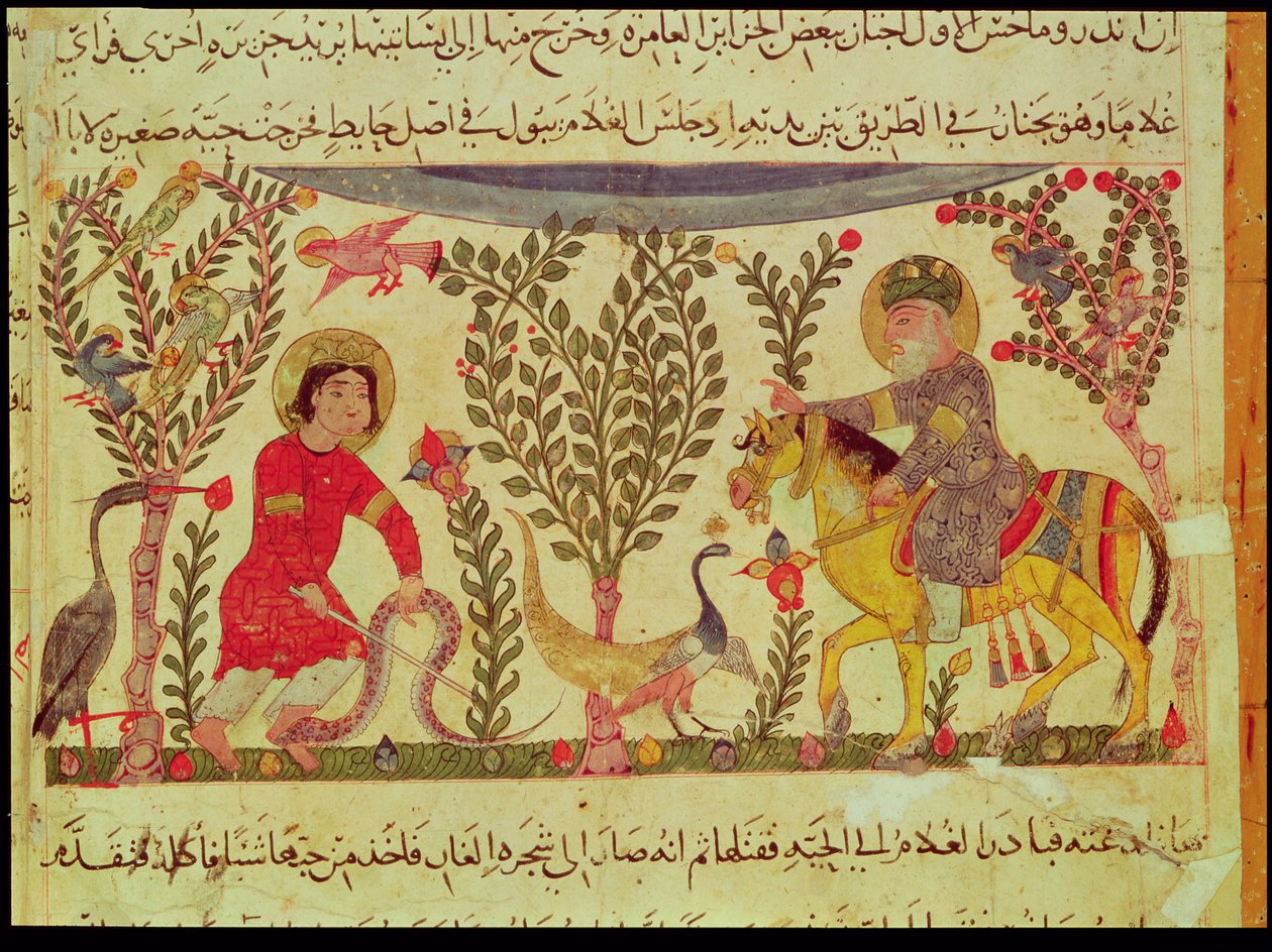 Ein Arzt leistet einem von einer Schlange gebissenen Mann Hilfe, Manuskript aus einem Traktat von Dioscorides, 13. Jahrhundert von Islamic School