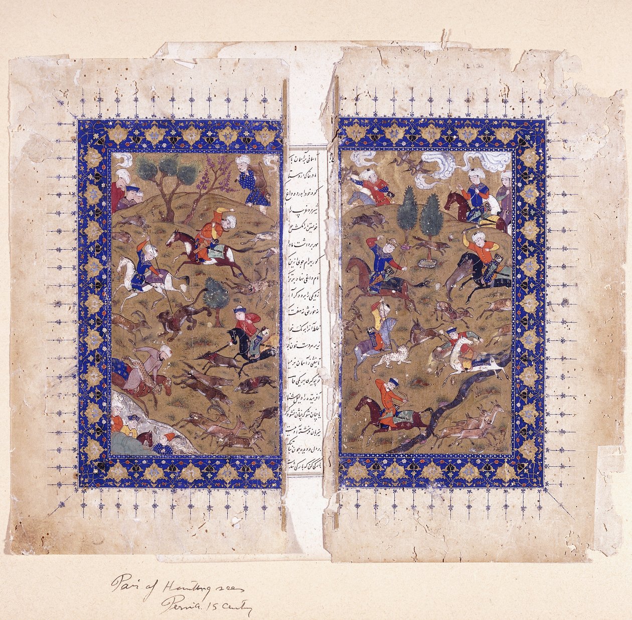 Ein Bifolio, das Jagdszenen darstellt, spätes 15. Jahrhundert von Islamic School