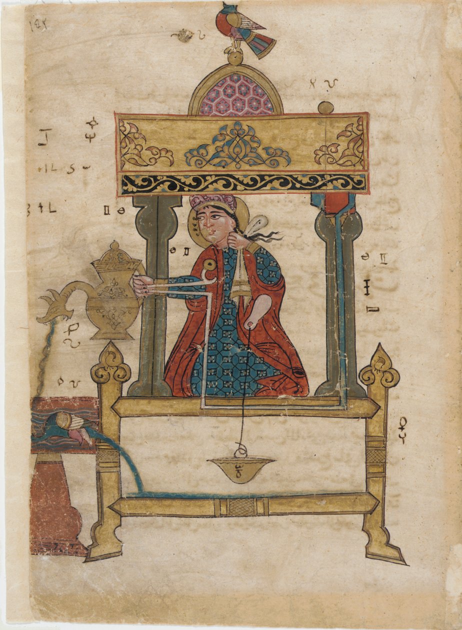 Handwaschautomat mit Spülmechanismus, Folio aus Das Buch der genialen mechanischen Geräte; von Al-Djazari, 1315 von Islamic School