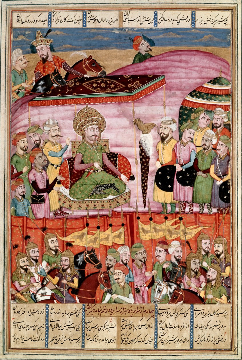 Islamische Kunst: „Sohrab steht am Zelt von Roustam“ Persische Miniatur aus einem Manuskript des epischen Gedichts „Shahnameh“ (Buch der Könige) von Ferdowsi von Islamic School