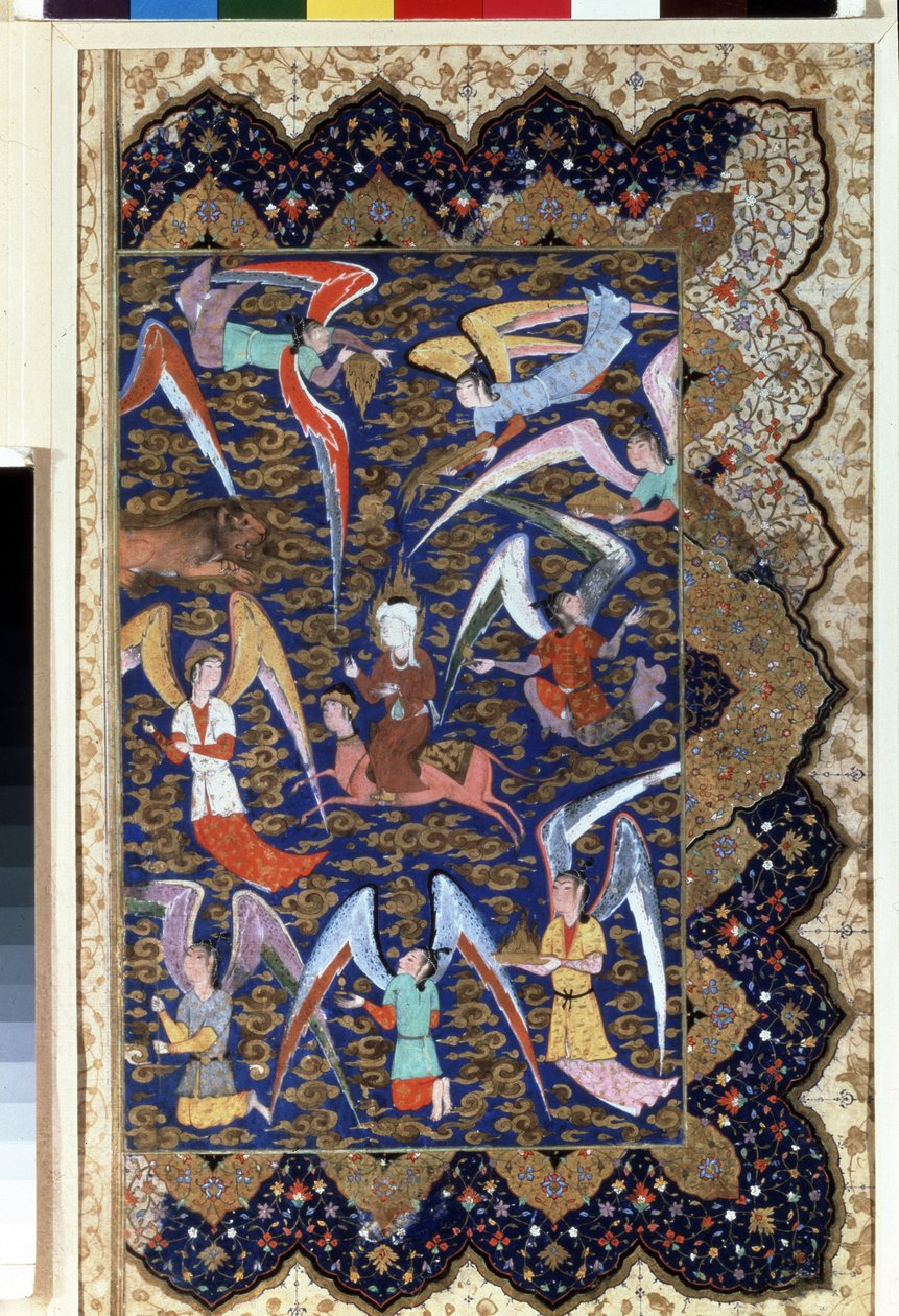 Der Prophet Mohammed (570-632) beim Mirac, seinem Aufstieg in den siebten Himmel auf seinem Pferd Al-Buraq von Islamic School