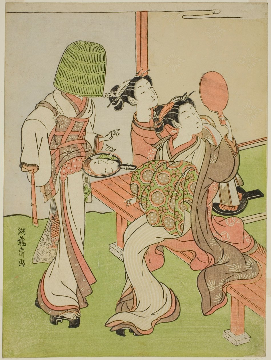 Eine Kurtisane und ihre Begleiterin benutzen Spiegel, um einen Bettelmönch zu identifizieren von Isoda Koryusai