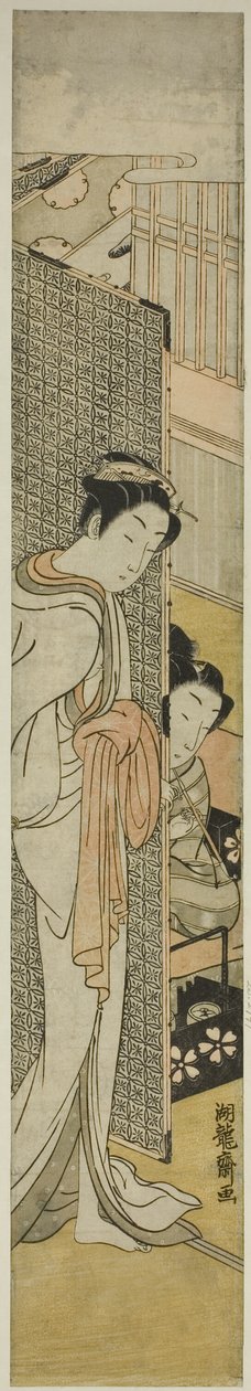 Kurtisane hinter einem Schirm stehend und junger Mann rauchend von Isoda Koryusai