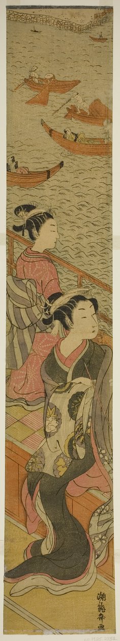 Kurtisane und ihre Begleiterin auf einem Balkon mit Blick auf den Fluss von Isoda Koryusai