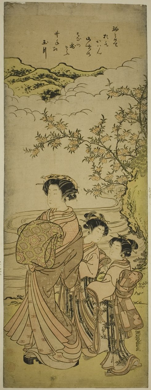 Kurtisane und zwei Begleiterinnen, die an einem Bach entlang paradieren von Isoda Koryusai