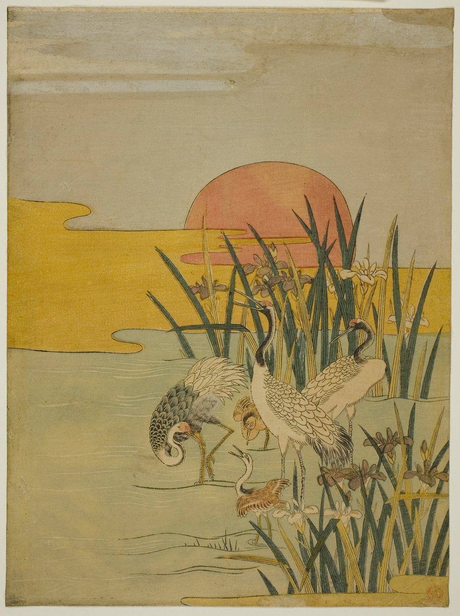 Kraniche in einem Iris-Teich bei Sonnenaufgang von Isoda Koryusai