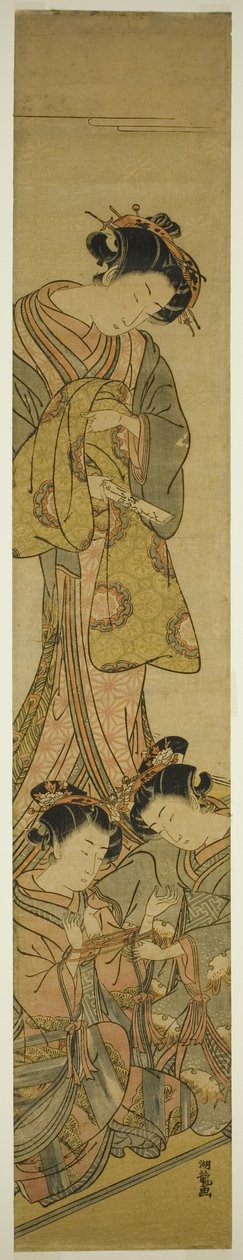 Die Kurtisane Segawa von Matsubaya beobachtet ihre Dienerinnen beim Fadenspiel von Isoda Koryusai