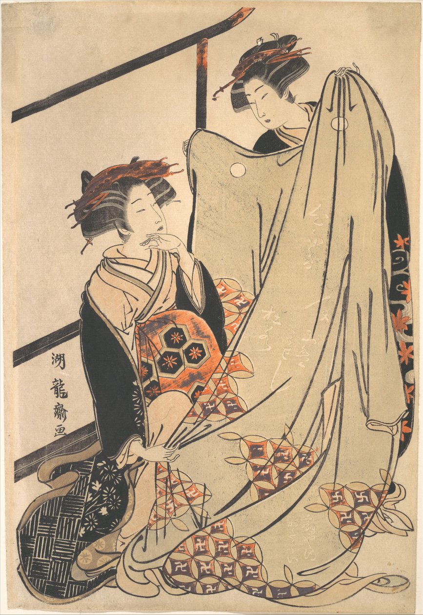 Zwei Schönheiten betrachten Kimono von Isoda Koryusai