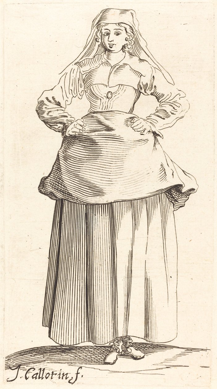 Junge Frau mit Händen auf den Hüften, Vorderansicht von Israel Henriet after Jacques Callot