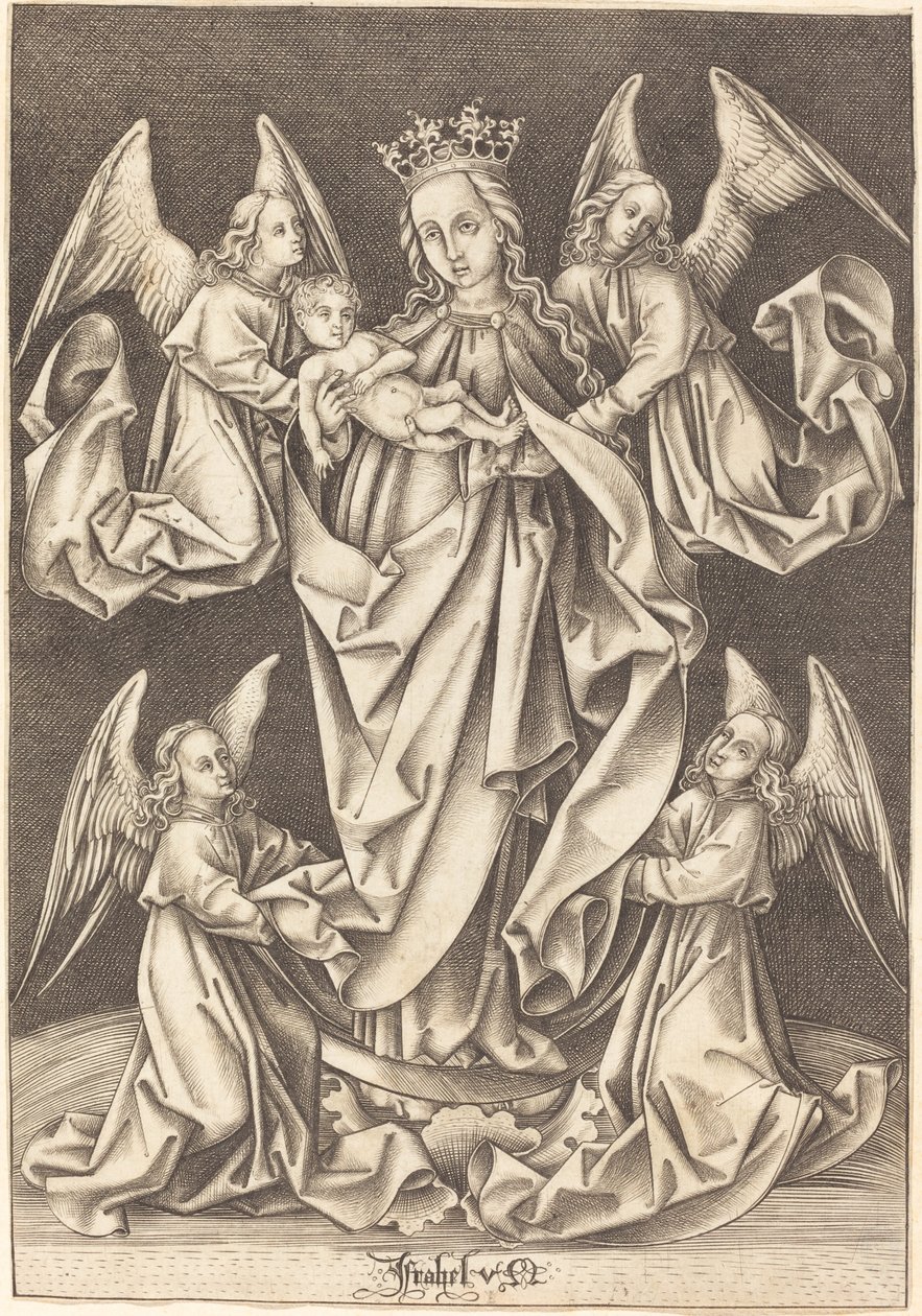 Die Madonna und das Kind auf der Mondsichel, unterstützt von vier Engeln von Israhel van Meckenem