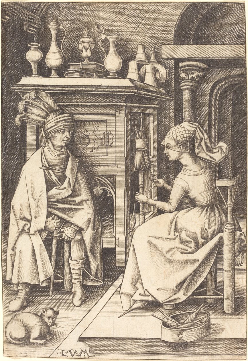 Der Besuch bei der Spinnerin, ca. 1495-1503 von Israhel van Meckenem