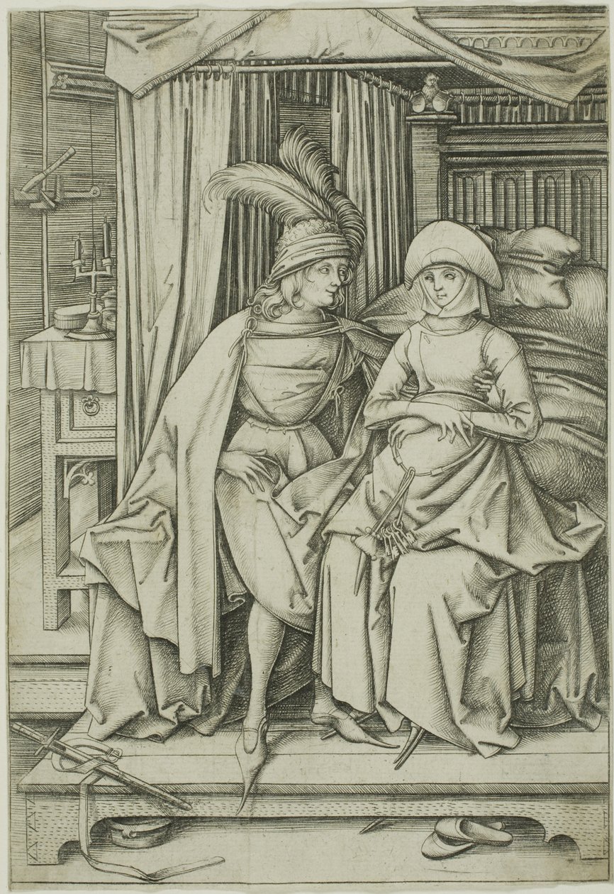 Ein Mann und eine Frau auf einem Bett sitzend von Israhel van Meckenem the younger