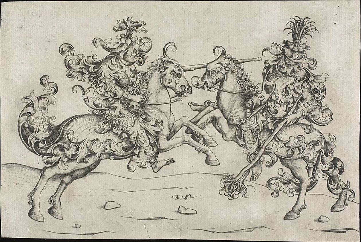 Kampf zweier wilder Männer zu Pferd von Israhel van Meckenem the younger