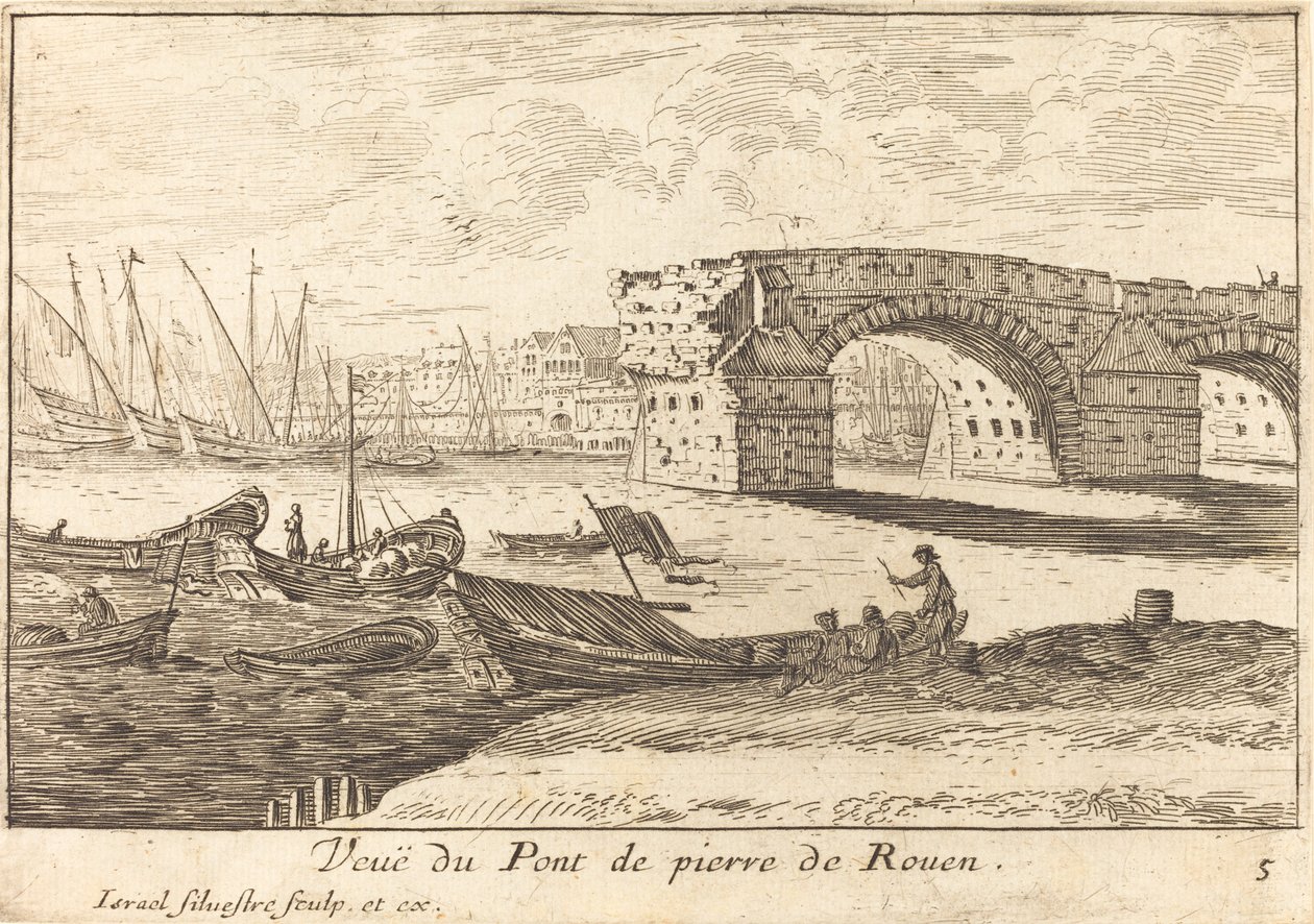 Blick auf die Steinbrücke von Rouen von Israël Silvestre