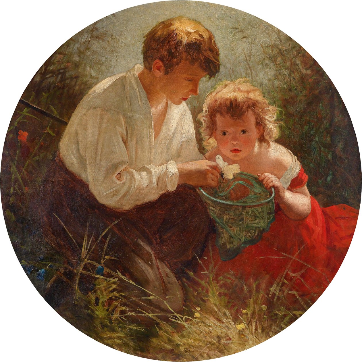 Ein Bruder und eine Schwester beim Schmetterlingsfangen von Italian School