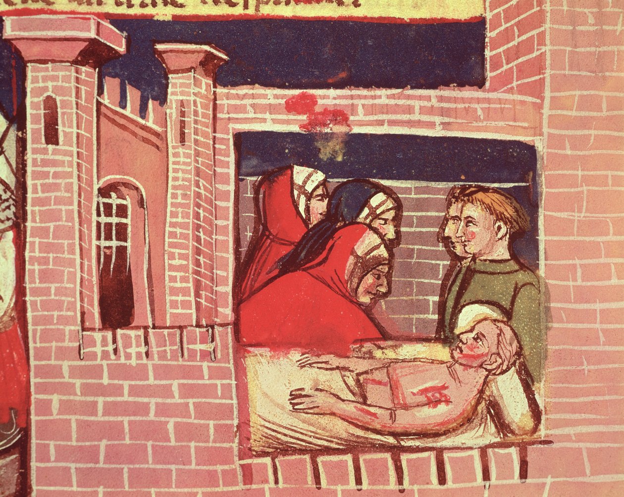 Pflege eines verletzten Mannes in einer Burg, aus einem venezianischen Kodex von Italian School