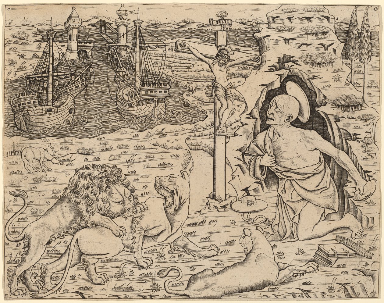 Heiliger Hieronymus in Buße, mit zwei Schiffen im Hafen von Italian 15th Century