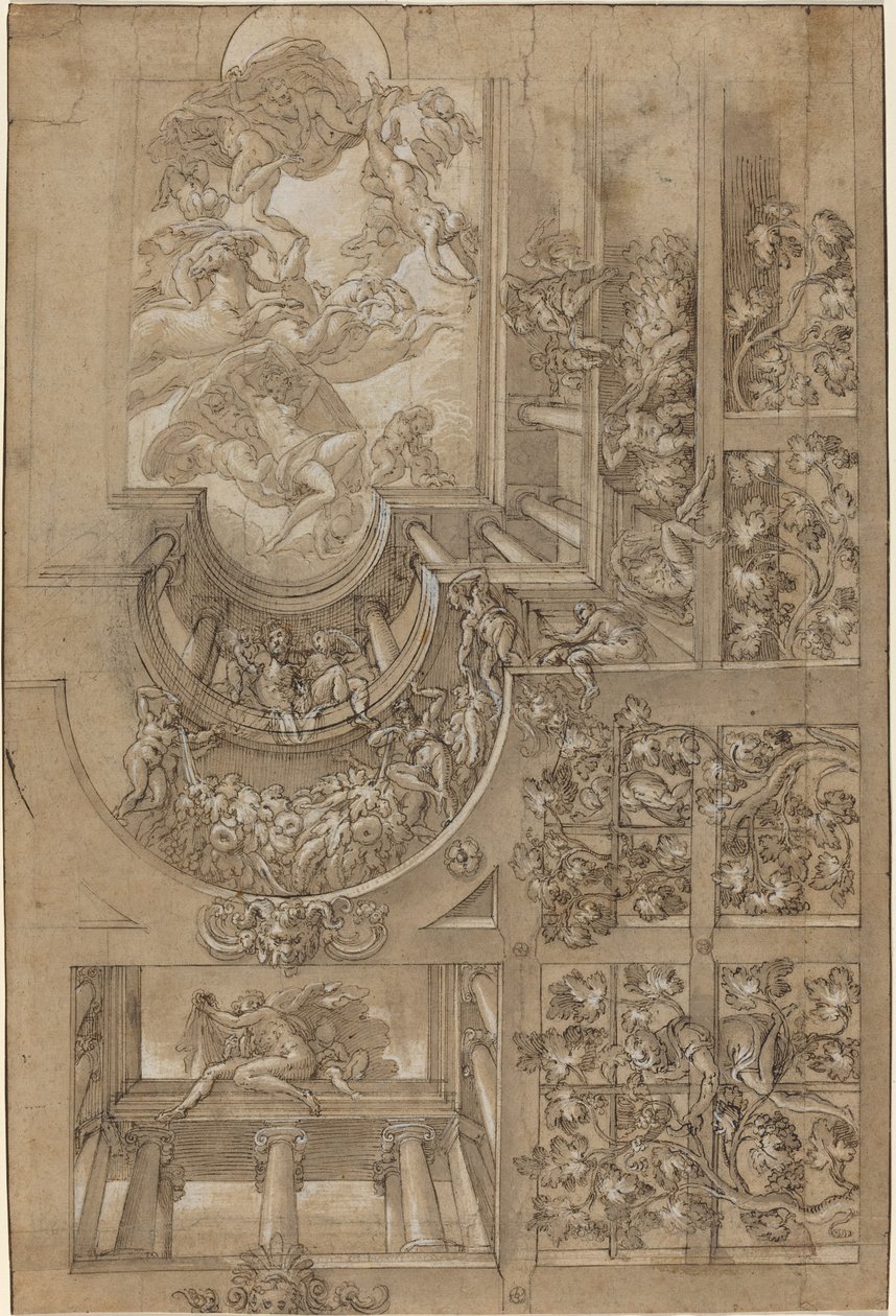 Illusionistische Decke mit einem Weinlaub, Figuren auf Galerien und einer zentralen Szene der olympischen Götter von Italian 16th Century