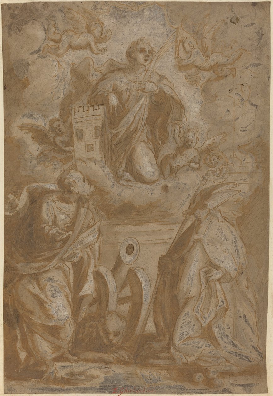 Heilige Barbara in Herrlichkeit mit den Heiligen Nikolaus und Hieronymus von Italian 16th Century