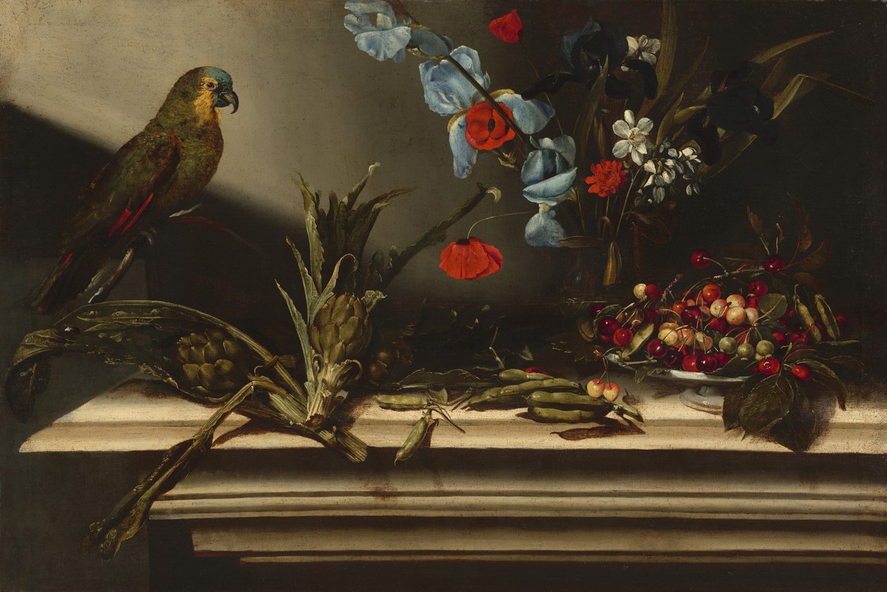 Stillleben mit Artischocken und einem Papagei von Italian 17th Century