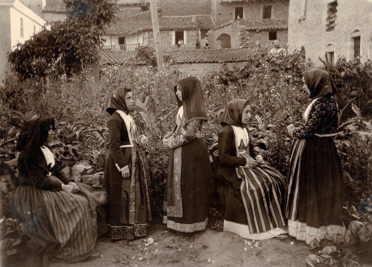 Gruppe von Frauen in traditionellen Kostümen im Garten, Sardinien, Italien von Italian Photographer