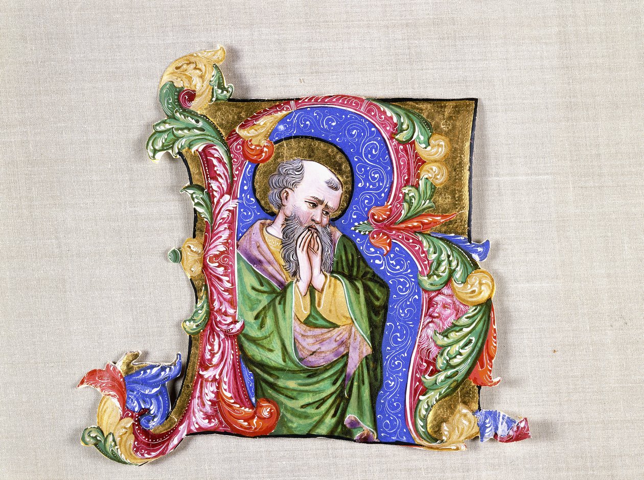 Ein betender Heiliger, eine große historiierte Initiale R, ca. 1400 von Italian School