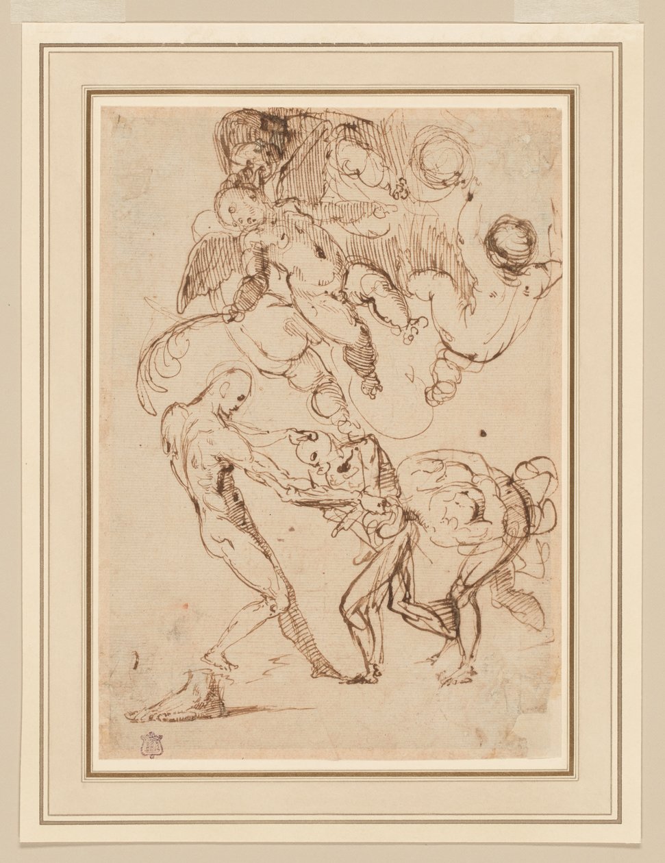 Studie von gefesselten männlichen Figuren, die misshandelt werden, und verschiedenen Putti, einer hält einen Palmwedel von Italian School