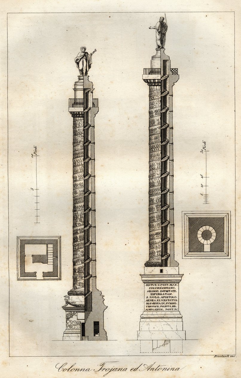 Ein Querschnittsdiagramm der Trajanssäule (Trajane-Säule) (113 n. Chr.) und der Säule des Antoninus Pius (161 n. Chr.) in Rom - Gravur aus „Usi e Costumi di Tutti i Popoli dell