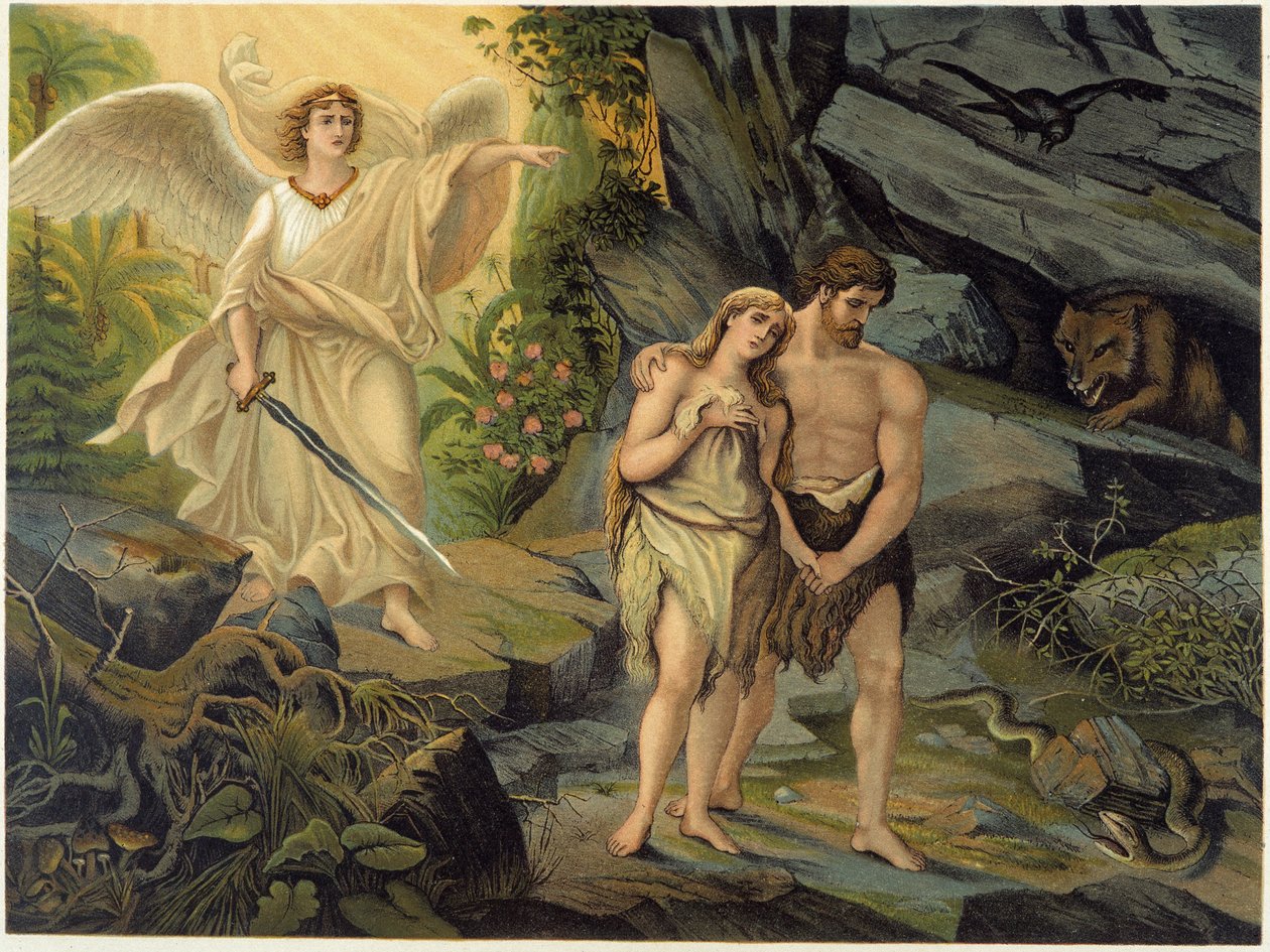 Adam und Eva werden vom Erzengel aus dem irdischen Paradies (Eden) vertrieben - in „Aurea Bibbia classica: storia della rivelazione divina nell