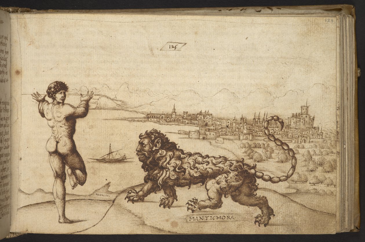 Add. 82955, f.124 Menschliche Figur und ein Wesen (
