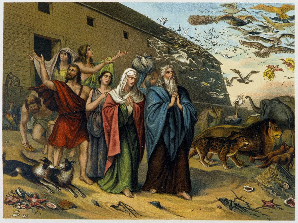 Nach der Sintflut, Noah, seine Familie und Tiere verlassen die Arche - in „Aurea Bibbia classica: storia della rivelazione divina nell