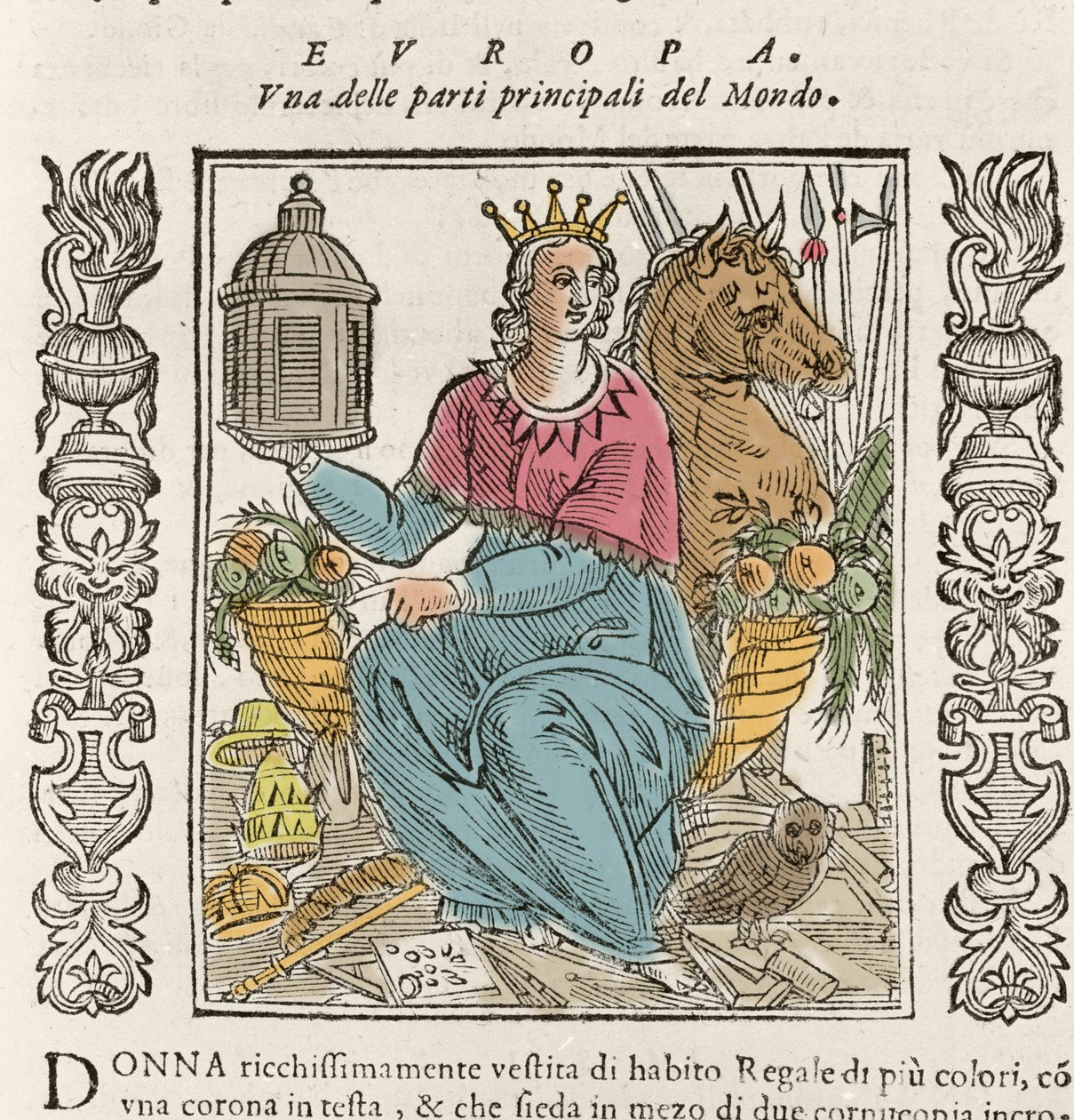 Allegorie Europas in Form einer reich gekleideten Frau, gekrönt, umgeben von Füllhörnern. Platte aus „Iconologia“ von Cesare Ripa (um 1550-1622) von Italian School