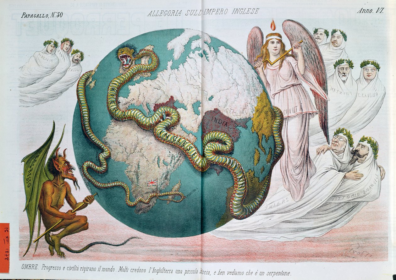 Allegorie des britischen Empire, das die Welt erwürgt, satirische Karikatur aus Le Perroquet (Il Papagallo), 1878 von Italian School