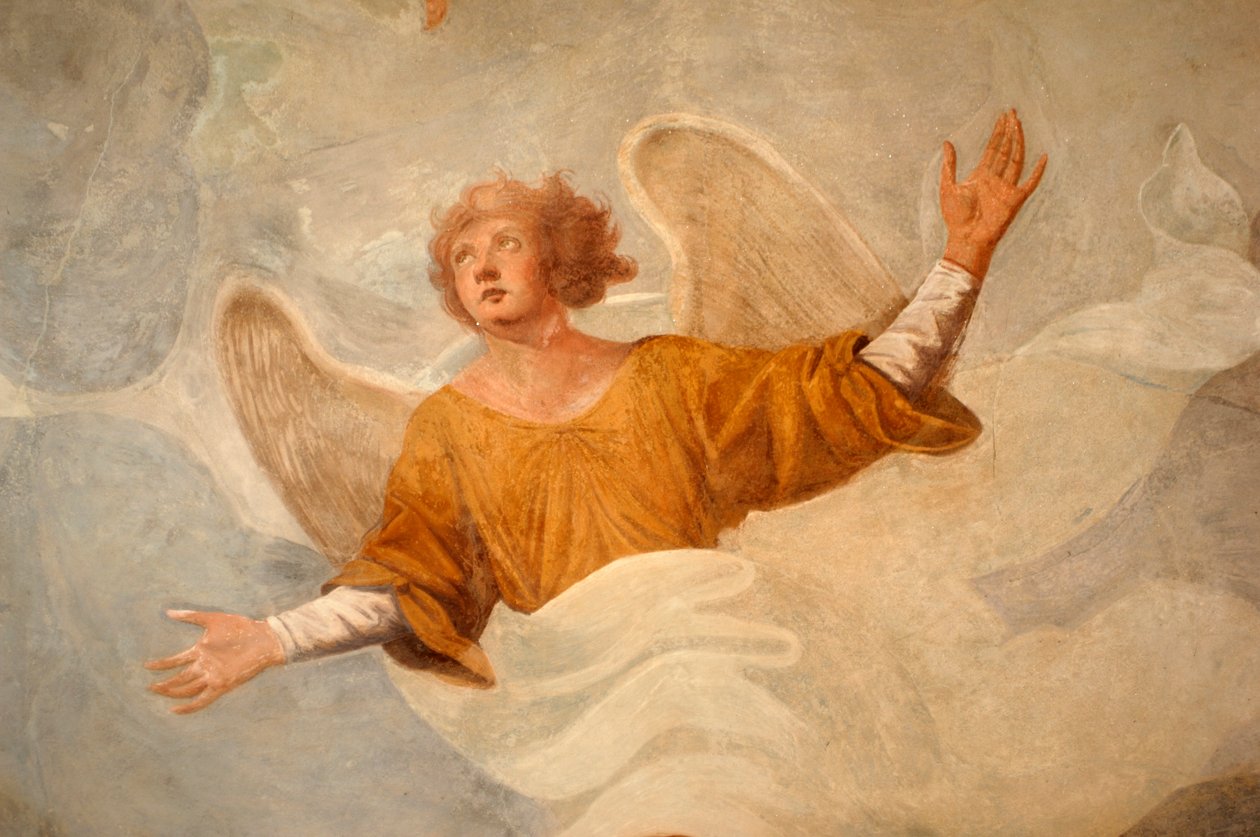 Engel, Detail aus Szenen des Lebens des hl. Johannes (17. Jahrhundert), Fresko, frühchristliches Baptisterium, Portikus der Kathedrale von Novara, Piemont, Italien von Italian School